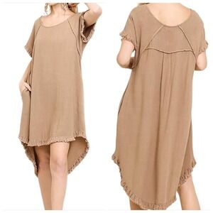 Umgee USA Tan Linen Midi Dress Fringe Hem Lagenlook Earthy Bohemian Womens Small